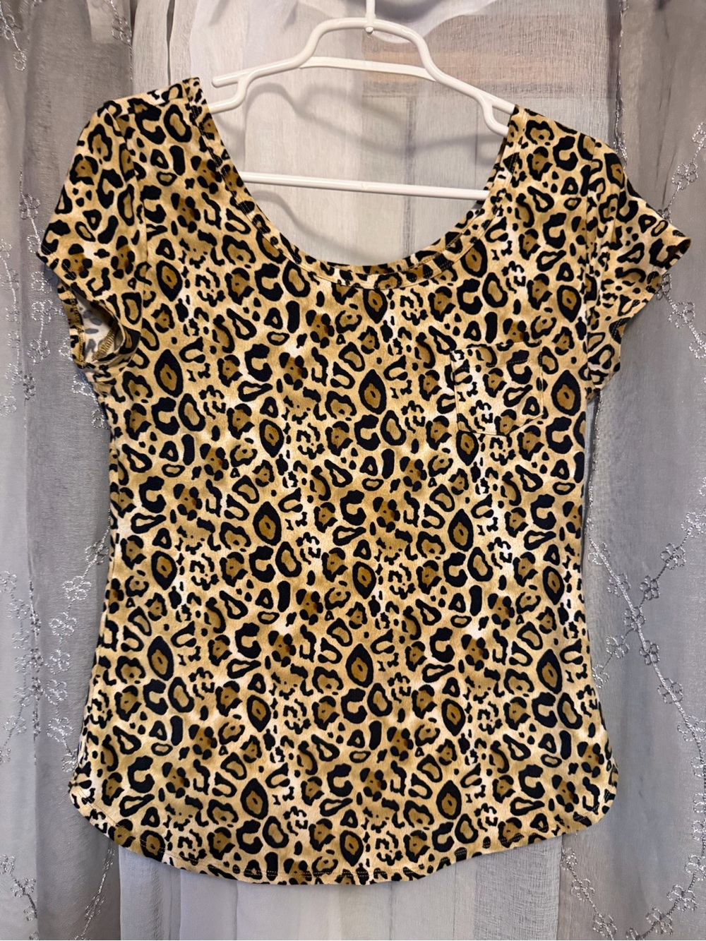 Leopard Print Scoop Neck Long Sleeve Top in Beige and Black